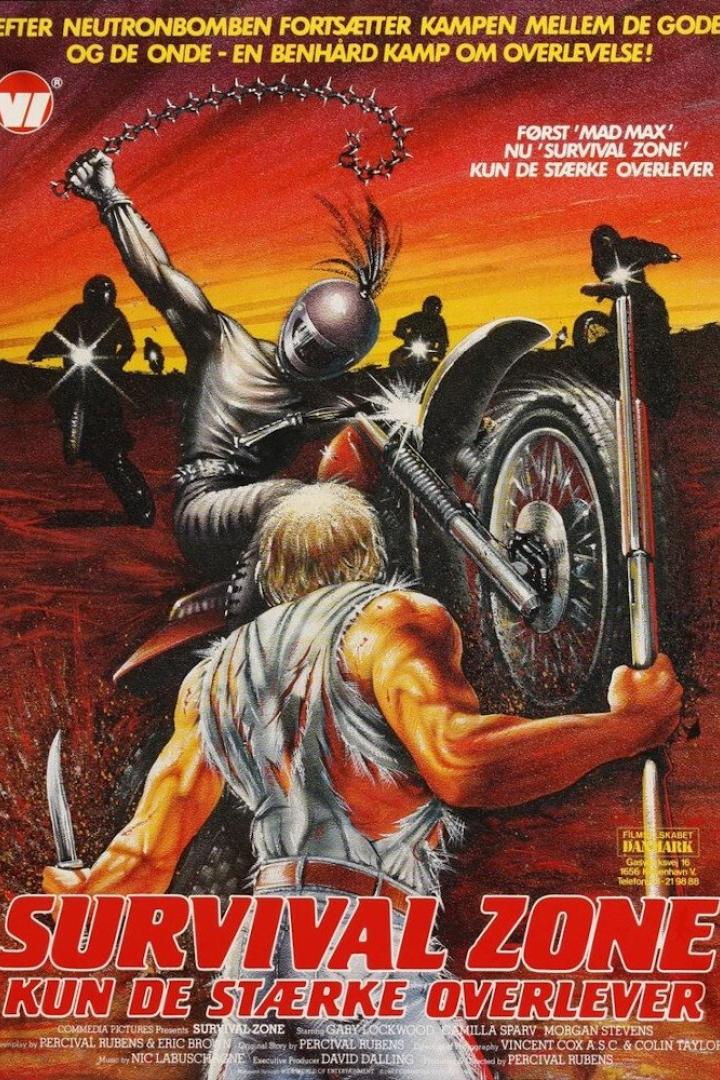 Das Filmplakat für „Survival Zone“ zeigt bewaffnete Kämpfer und Motorräder in einer postapokalyptischen Welt.