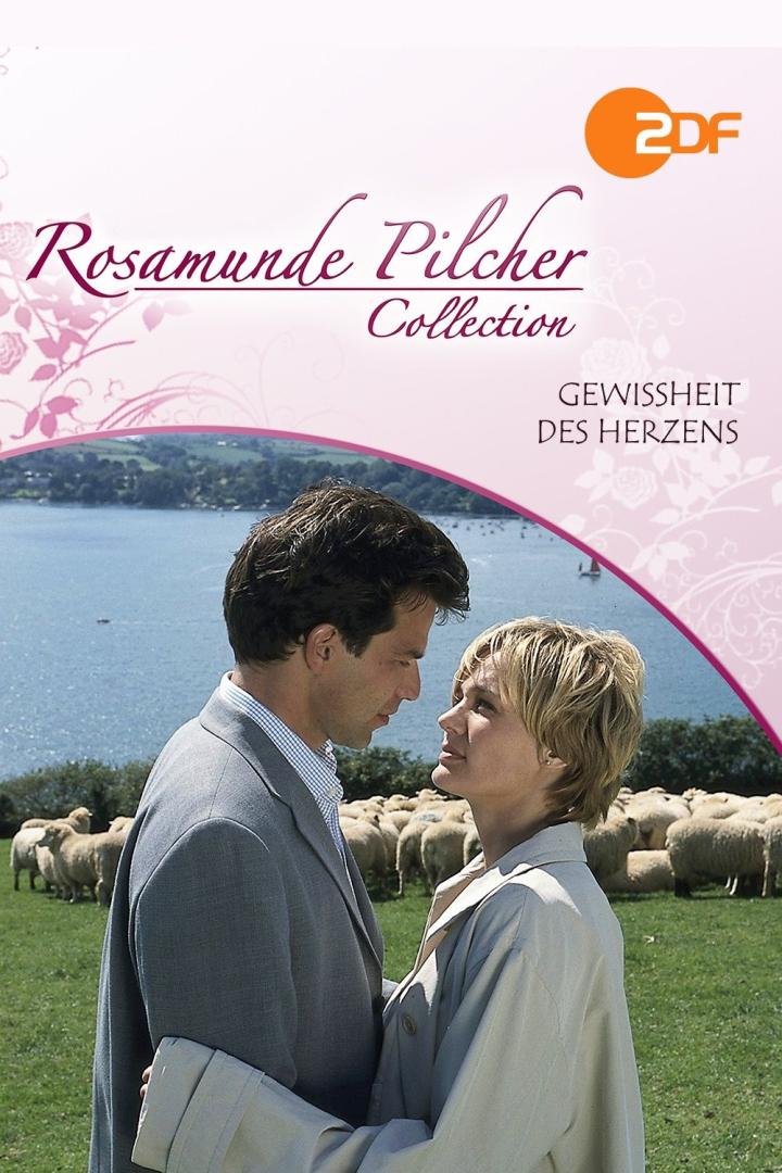 Ein Mann und eine Frau stehen sich vor einer Schafherde und dem Meer gegenüber, Titelbild „Rosamunde Pilcher – Gewissheit des Herzens“.