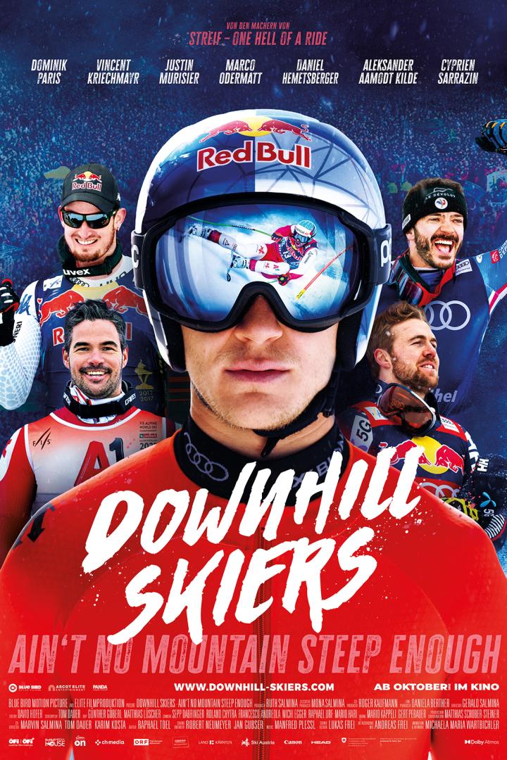Fünf Skifahrer auf dem Filmplakat zur Skidoku „Downhill Skiers“.