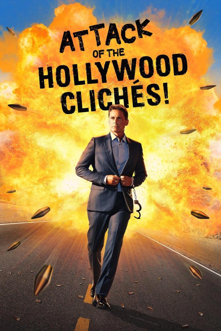 Ein Mann in einem Anzug geht vor einer Explosion auf einer Straße entlang, der Titel lautet „Attack of the Hollywood Clichés!“.