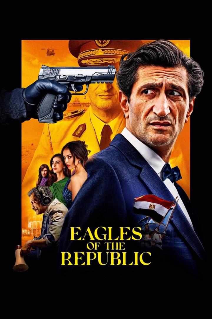 Das Filmplakat für „Eagles of the Republic“ zeigt einen Mann mit besorgtem Gesichtsausdruck vor einem gelben Hintergrund.