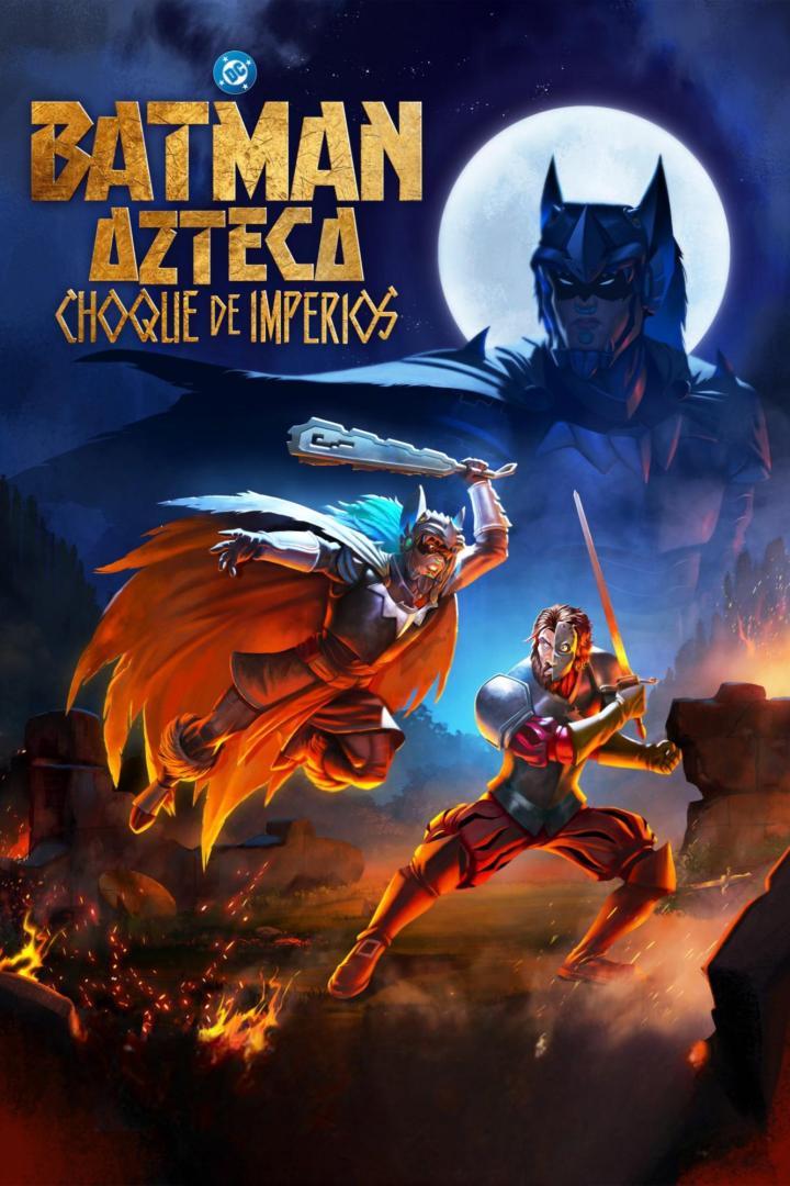 Das Poster für „Batman Azteca: Choque de Imperios“ zeigt Batman im Azteken-Stil vor einem Vollmond.