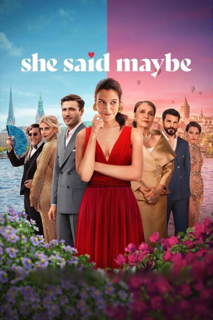 Das Filmplakat für „She Said Maybe“ zeigt eine Gruppe elegant gekleideter Personen vor einer Stadtkulisse.