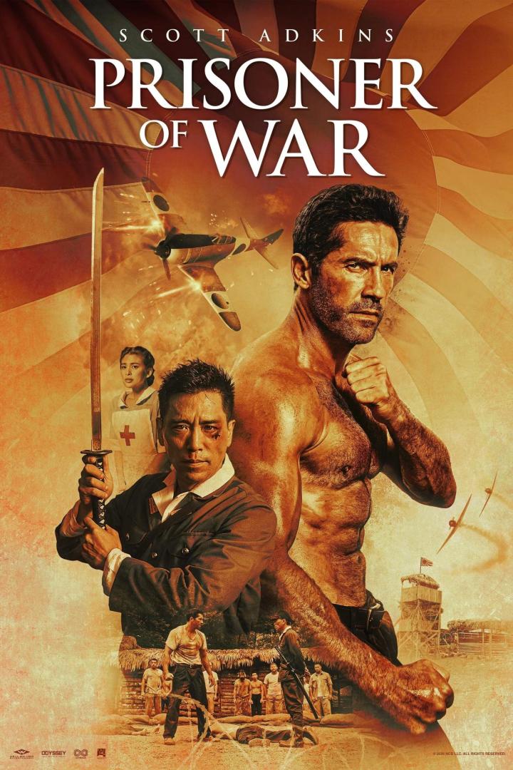 Das Filmplakat für „Prisoner of War“ mit Scott Adkins vor Kriegsszenen.
