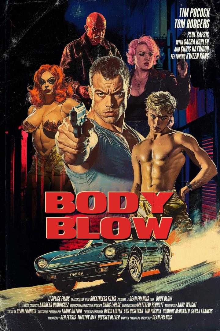 Das Filmplakat für „Body Blow“ zeigt eine Gruppe von Personen und ein Auto.