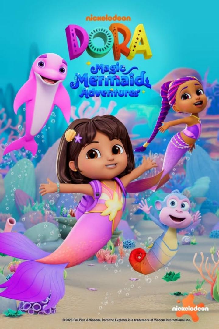 Dora, ein Delfin und Boots als Meerjungfrauen in „Dora: Magic Mermaid Adventures“.
