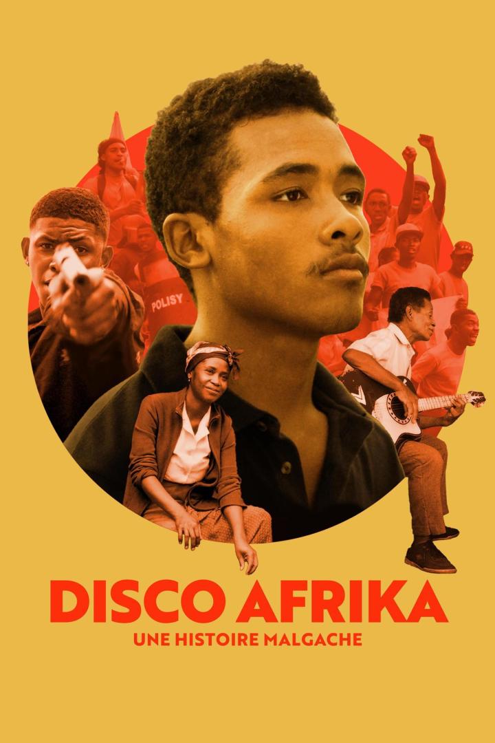 Das Filmplakat für „Disco Afrika“ zeigt verschiedene Szenen und Charaktere vor einem gelben Hintergrund.