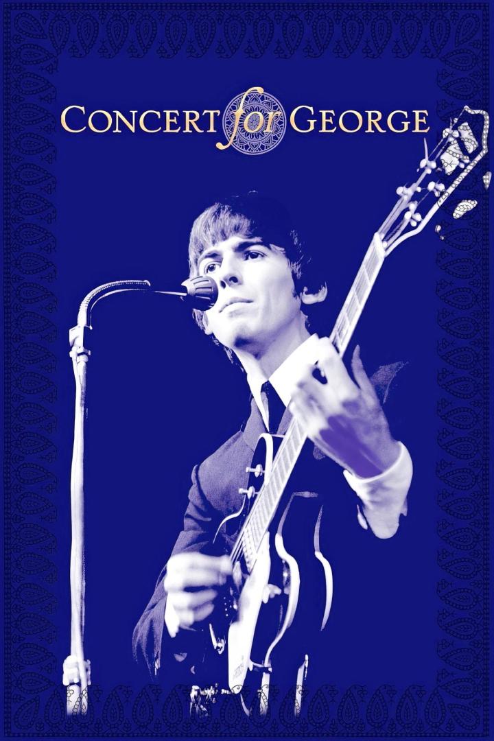 Das Cover des Albums „Concert for George“ zeigt George Harrison mit Gitarre am Mikrofon.