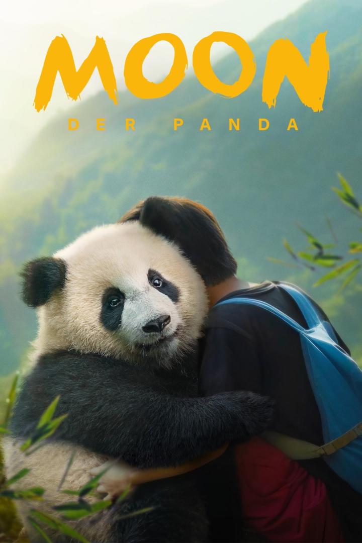 Ein Panda umarmt ein Kind vor einem grünen Hintergrund, im Stil des Filmplakats „Moon Der Panda“.