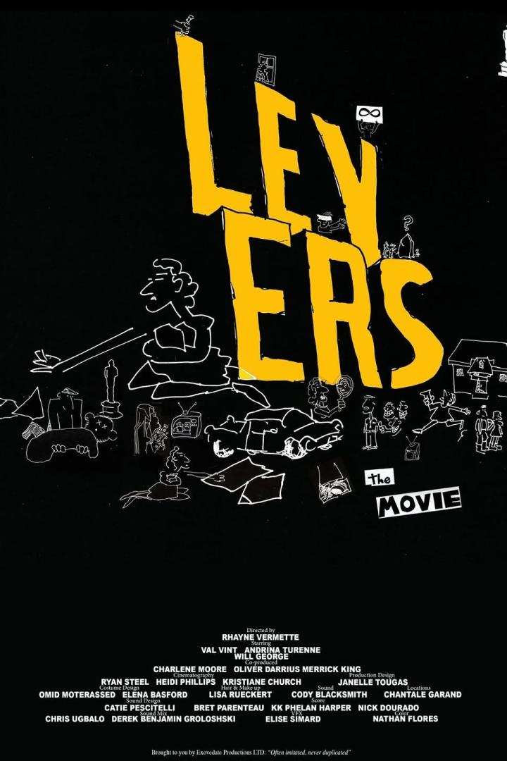 Das Filmplakat für „Levers“ zeigt gelbe Schriftzüge und skizzenhafte Zeichnungen auf schwarzem Grund.