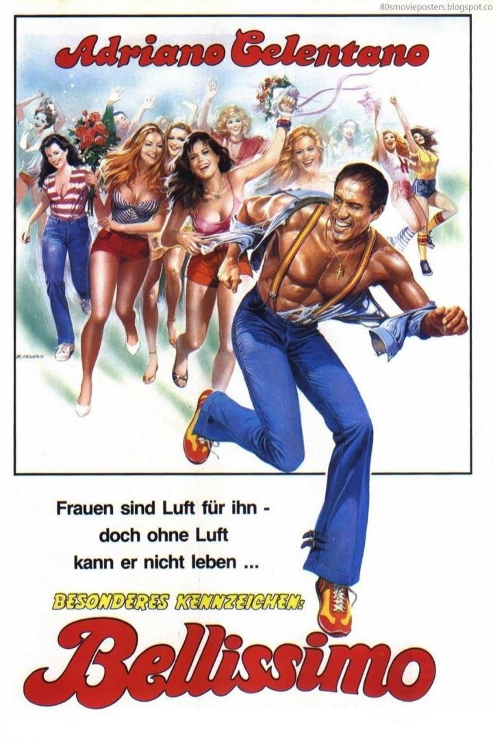 Ein Mann, verfolgt von mehreren Frauen, auf dem Filmplakat zu „Bellissimo“.