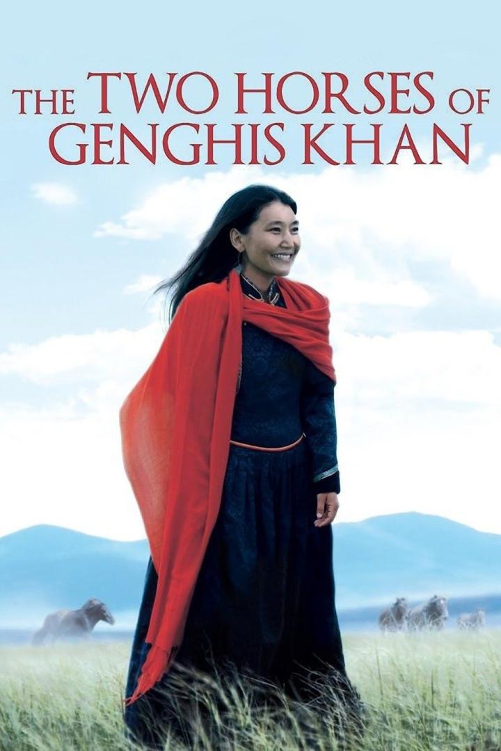 Das Filmplakat für „Die zwei Pferde von Dschingis Khan“ zeigt eine mongolische Frau in traditioneller Kleidung.