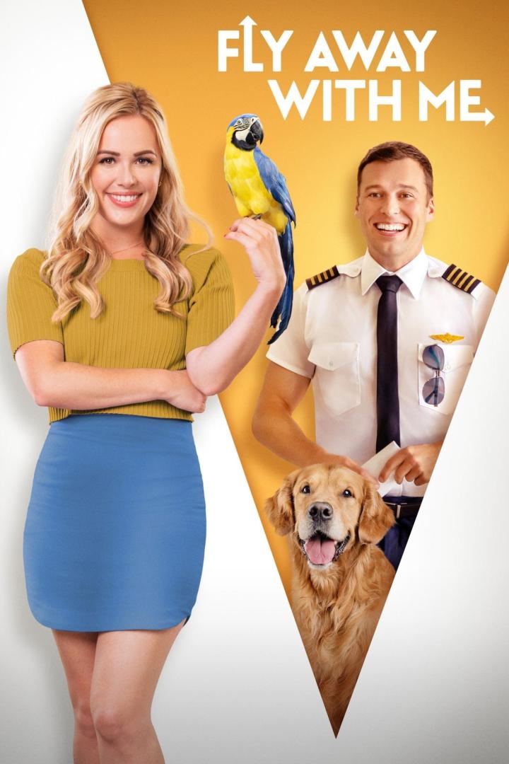 Das Filmplakat für „Fly Away With Me“ zeigt eine Frau mit Papagei und einen Piloten mit Golden Retriever.