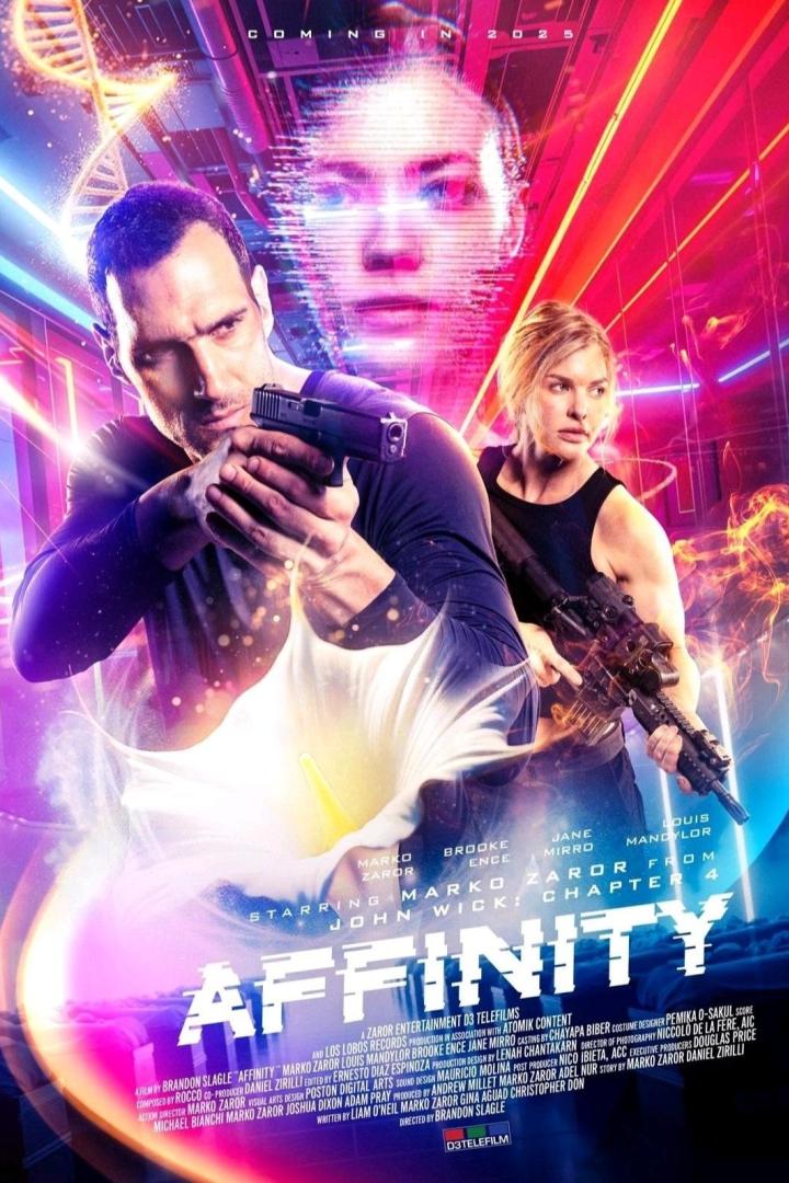 Das Filmplakat für „Affinity“ zeigt Marko Zaror und Brooke Ence mit Waffen vor einem futuristischen Hintergrund.