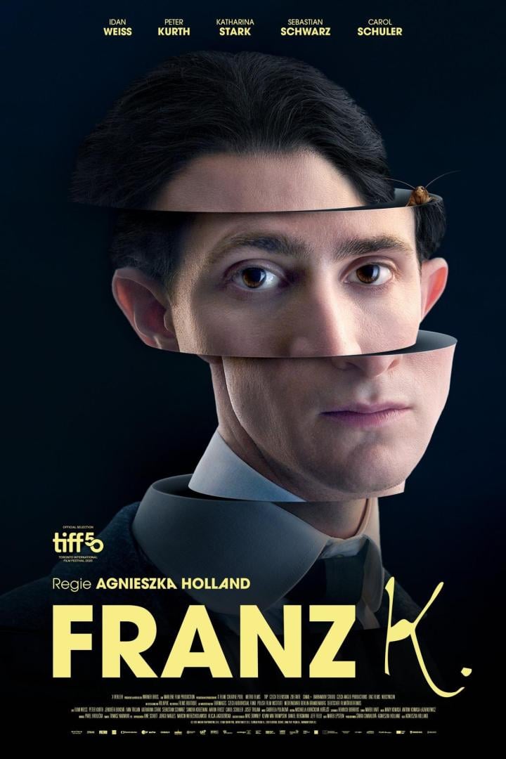 Das Filmplakat für „Franz K.“ zeigt ein zerteiltes Porträt des Protagonisten mit einer Kakerlake im Haar.