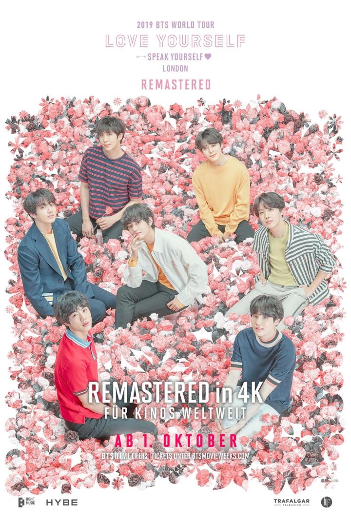 Das Filmplakat zur „2019 BTS World Tour Love Yourself“ zeigt die Bandmitglieder inmitten von Blumen.