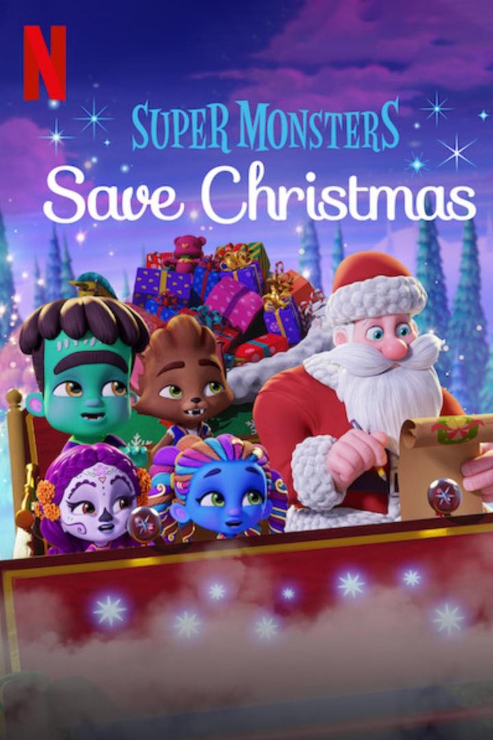 Das Poster für „Super Monsters Save Christmas“ zeigt die Supermonster und den Weihnachtsmann in einem Schlitten voller Geschenke.