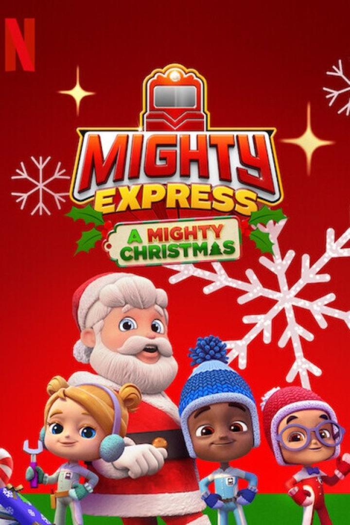 Das Poster für „Mighty Express: A Mighty Christmas“ mit Santa Claus und drei Kindern vor einem roten Hintergrund.