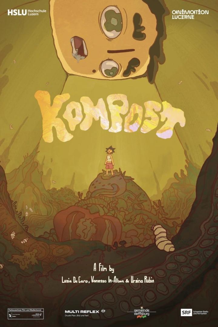 Ein animiertes Filmplakat für „Kompost“ mit einem Kind in einer von Würmern befallenen Landschaft.