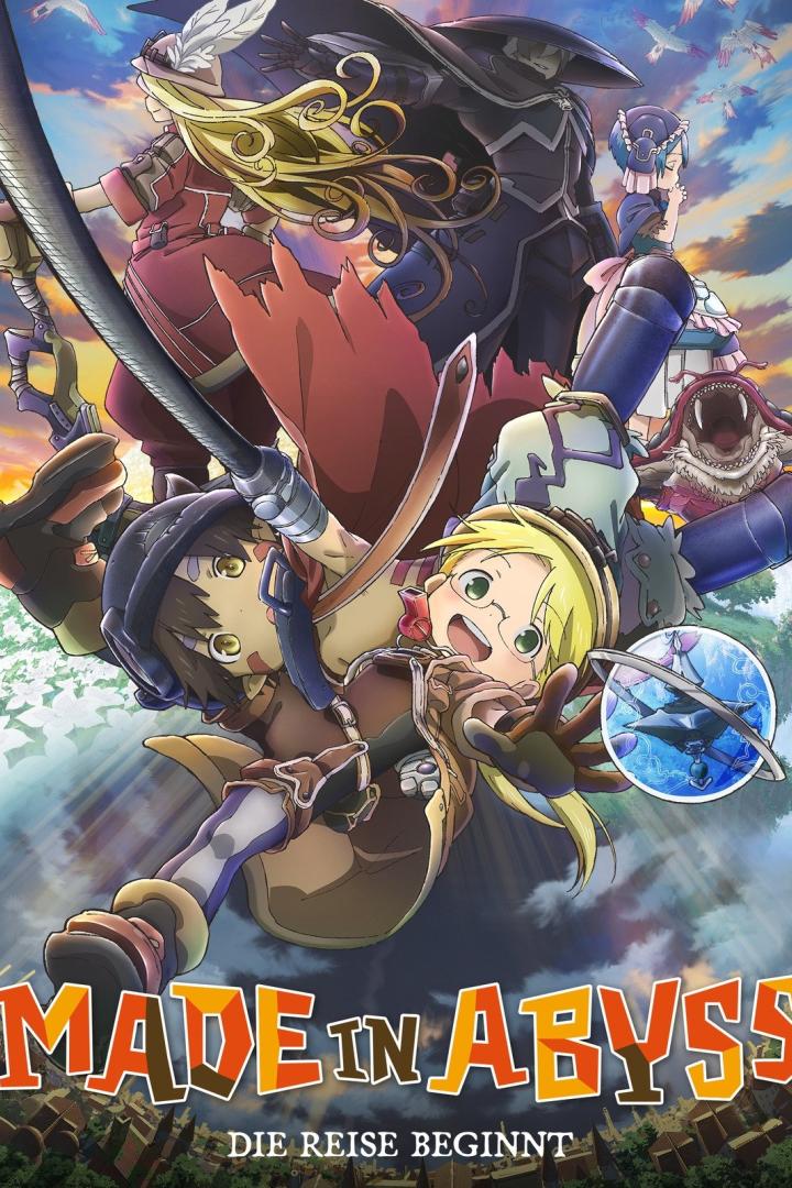 Das Cover von „Made in Abyss“ zeigt Riko, Reg und andere Charaktere vor einer bunten Landschaft.