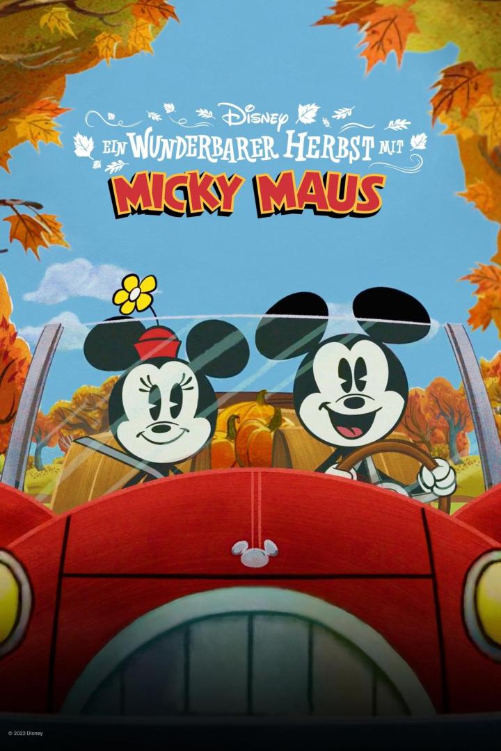 Micky und Minnie Maus fahren in einem roten Auto durch eine herbstliche Landschaft.