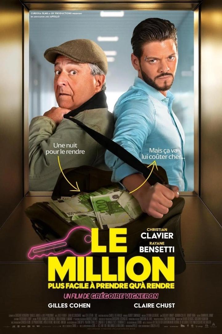 Das Filmplakat zu „Le Million“ zeigt Christian Clavier und Rayane Bensetti vor einem Koffer voller Geld.