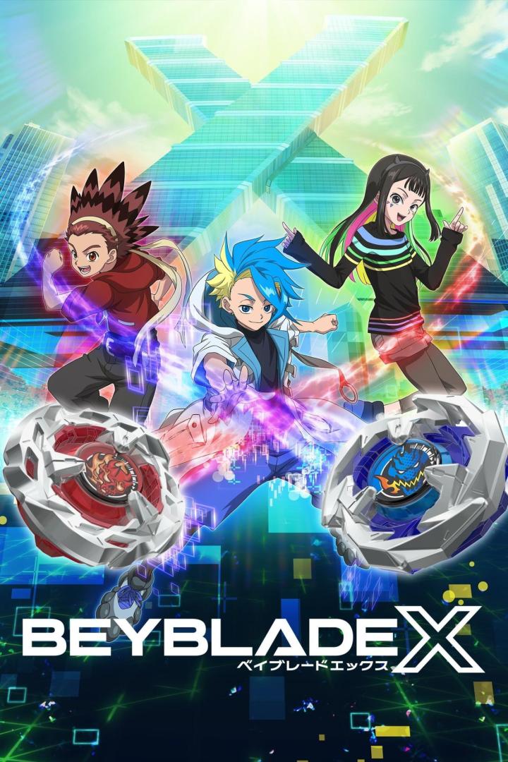 Das Poster für Beyblade X zeigt drei Charaktere und ihre Beyblades vor einer futuristischen Stadtkulisse.