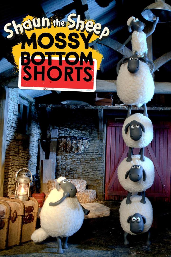 Schafe bilden einen Turm vor dem Hintergrund des Posters „Shaun das Schaf: Mossy Bottom Shorts“.