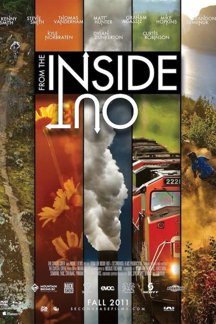 Das Filmplakat für „From the Inside Out“ zeigt Mountainbiker, Blumen, Rauch und einen Zug.
