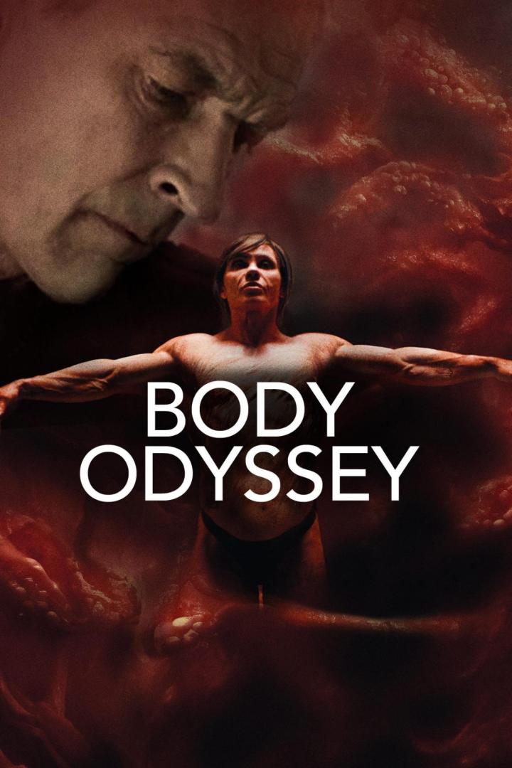 Das Filmplakat für „Body Odyssey“ zeigt einen Mann mit ausgestreckten Armen vor rotem Hintergrund.