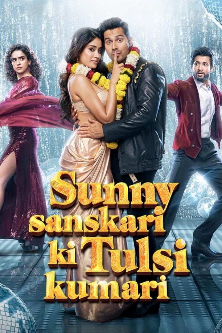 Das Filmplakat für „Sunny Sanskari ki Tulsi Kumari“ zeigt ein Paar mit Blumenketten und zwei weitere Personen.