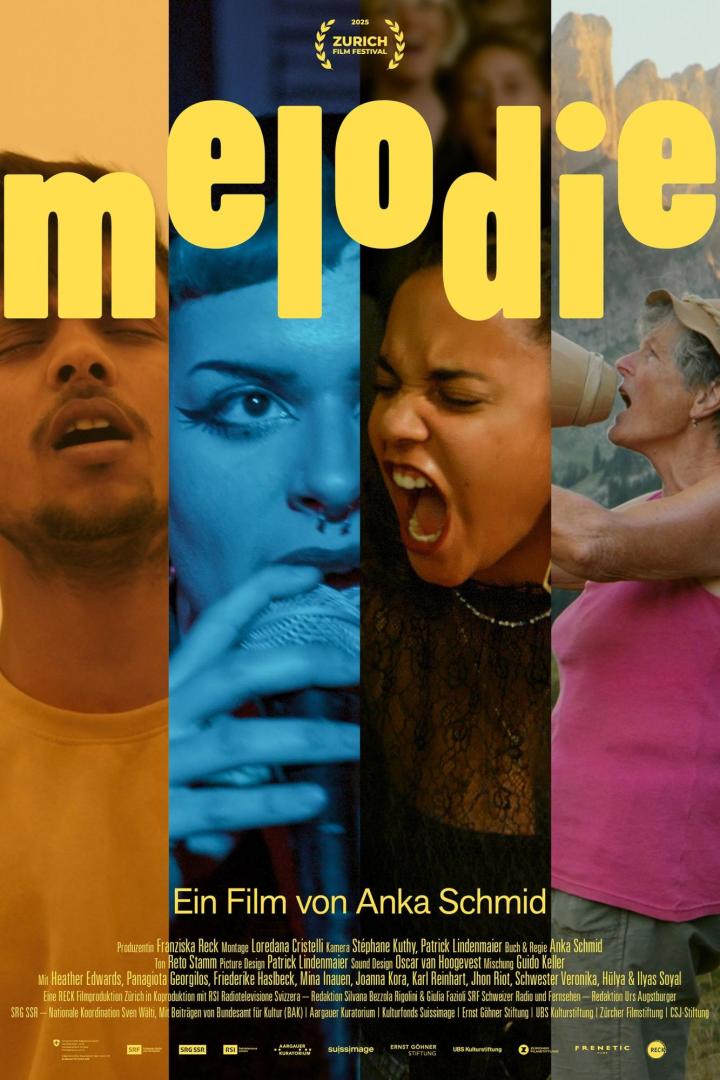 Das Filmplakat für „Melodie“ des Zurich Film Festivals 2025 zeigt vier singende Personen.