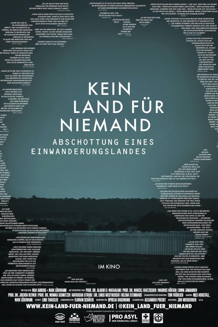 Das Filmplakat zu „Kein Land für Niemand“ zeigt Zitate zum Thema Migration.
