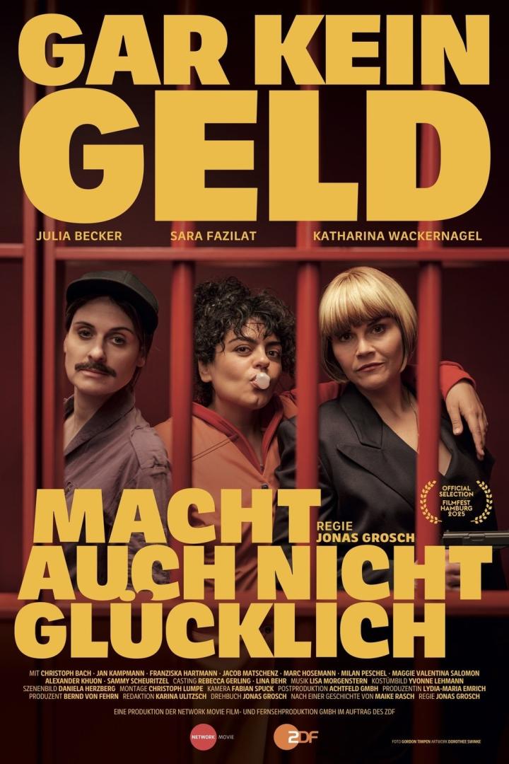 Das Filmplakat zu „Gar kein Geld“ zeigt Julia Becker, Sara Fazilat und Katharina Wackernagel hinter Gittern.