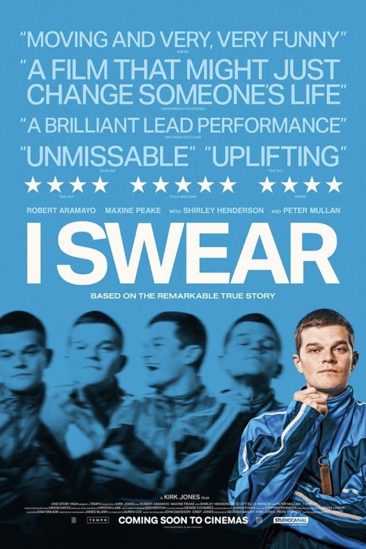 Das Filmplakat für „I Swear“ mit Robert Aramayo, Maxine Peake, Shirley Henderson und Peter Mullan.