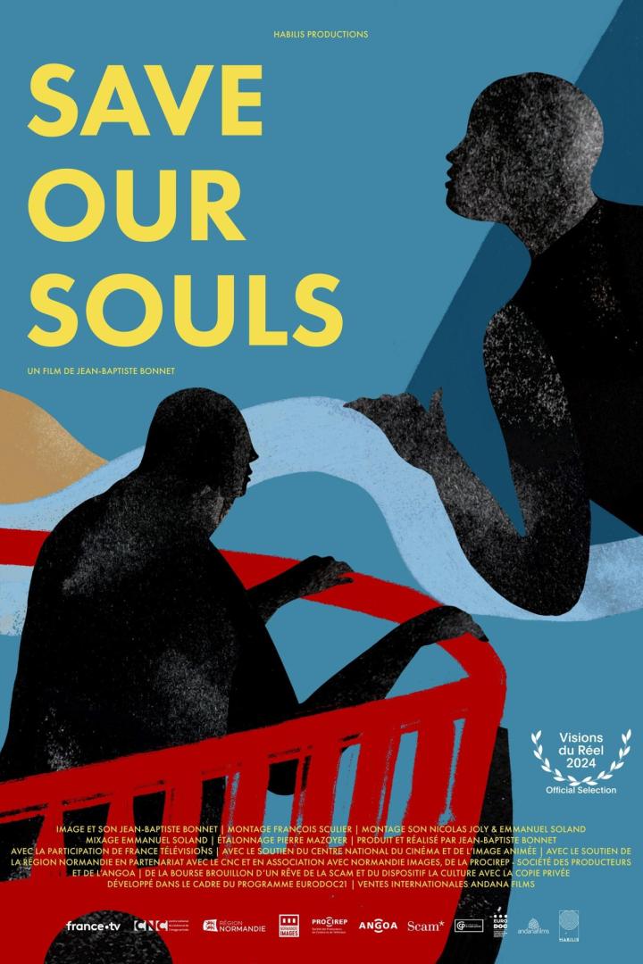 Das Filmplakat für „Save Our Souls“ zeigt stilisierte Silhouetten vor blauem Hintergrund.