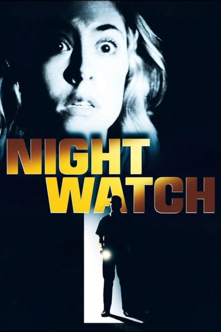 Das Filmplakat für „Nightwatch“ zeigt eine verängstigte Frau und einen Wachmann im Dunkeln.
