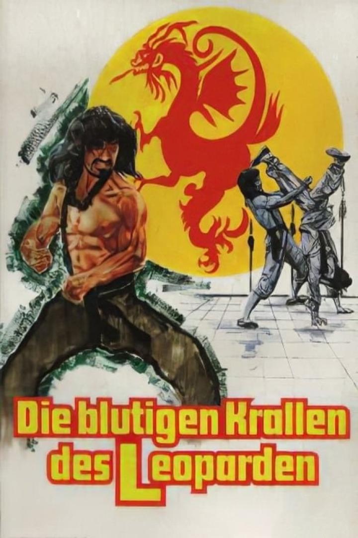 Das Filmplakat für „Die blutigen Krallen des Leoparden“ zeigt einen Mann und zwei Kämpfer vor einem gelben Drachen.