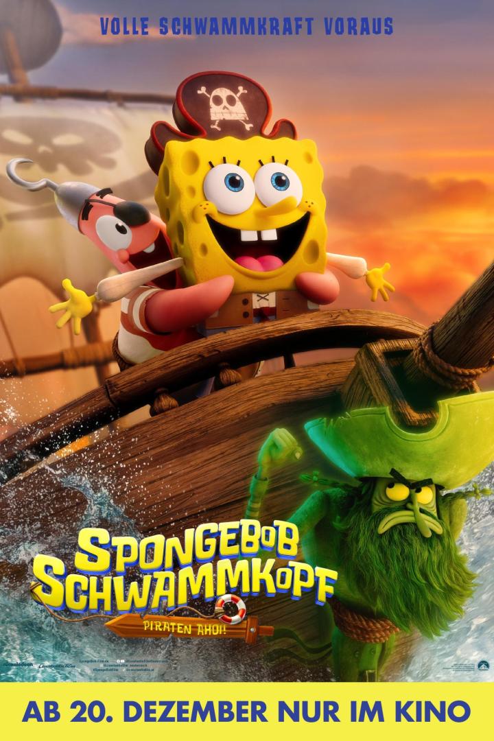 Spongebob mit Piratenkappe auf einem Schiff in voller Fahrt