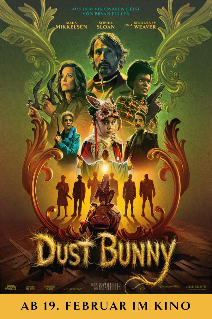 Hauptfiguren von "Dust Bunny" auf einem Filmplakat versammelt
