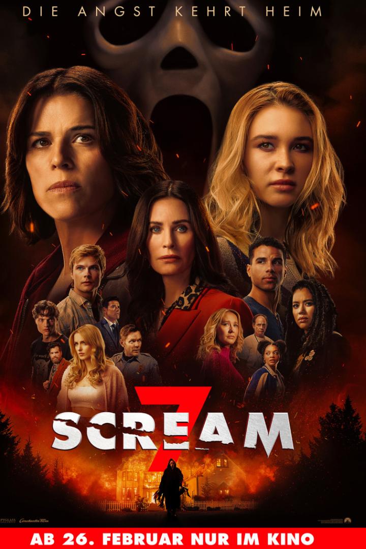 Hauptfiguren von "Scream 7" auf einem Plakat versammelt