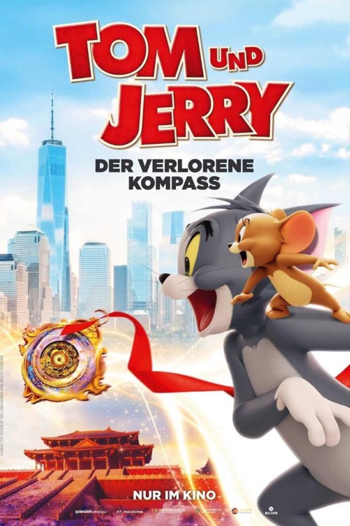 Tom und Jerry blicken begeistert auf einen Kompass vor chinesischer Landschaft