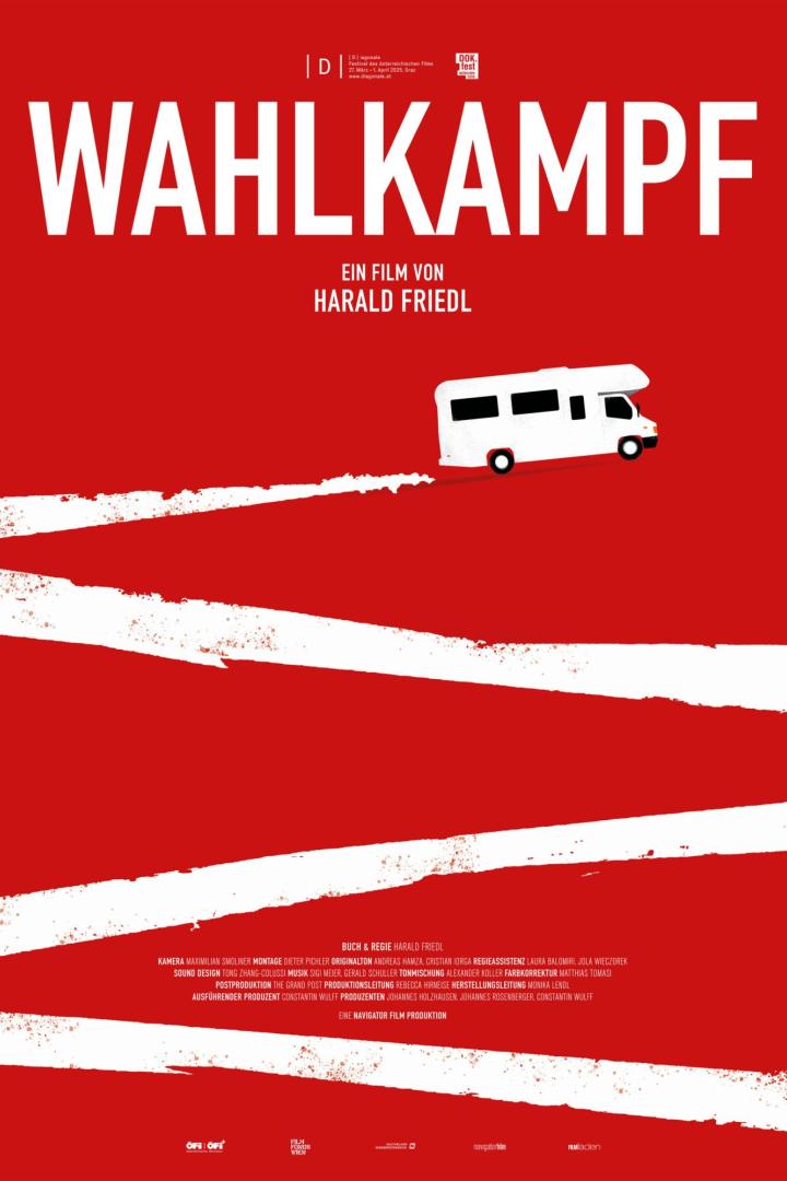 Gezeichetes Wohnmobil hinterlässt auf rotem Hintergrund eine weiße Zickzackspur