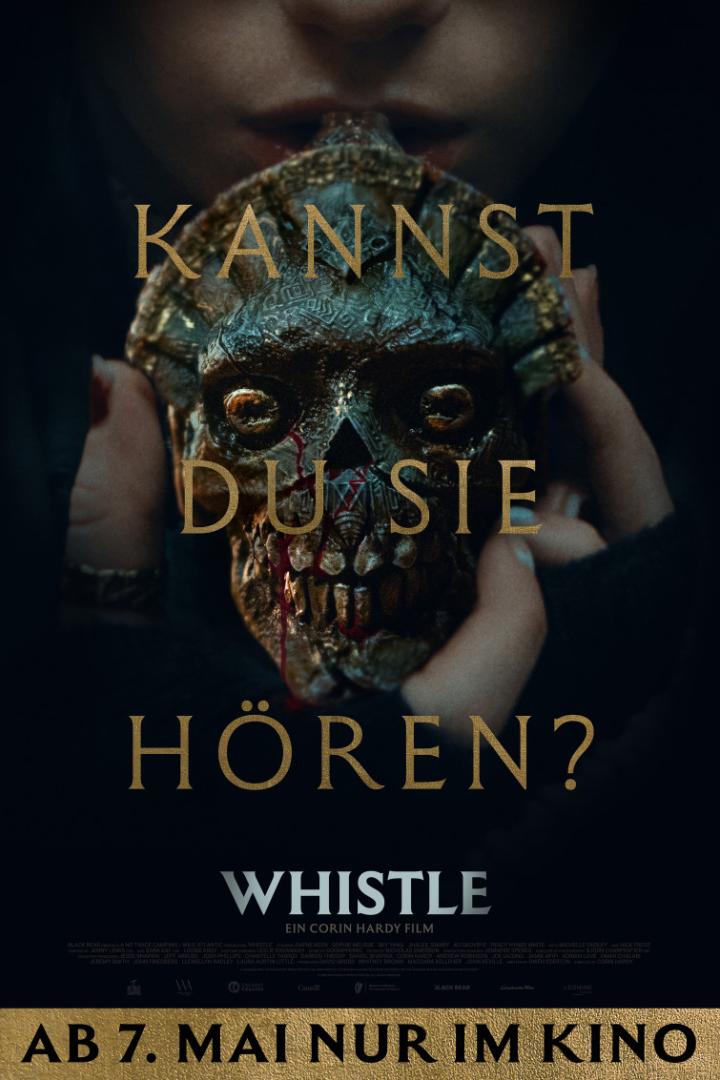 aztekische Todespfeife in Totenkopfform, aus deren Gebiss Blut rinnt