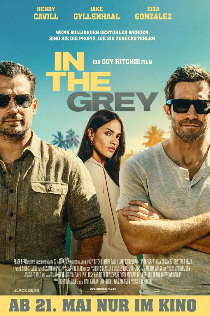 Eiza González zwischen Jake Gyllenhaal und Henry Cavill auf einem Filmplakat