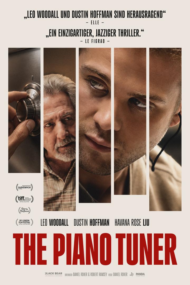 Das Filmposter von "The Piano Tuner" zeigt Leo Woodall und Dustin Hoffman neben einem Tresor.