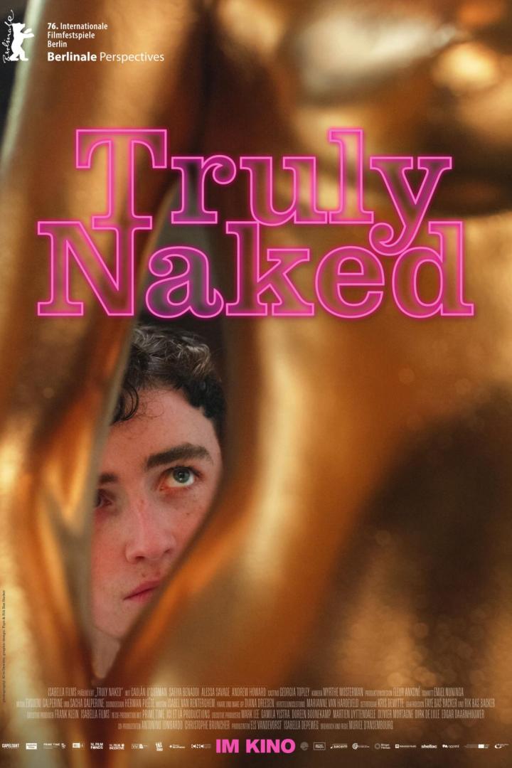 Ein nachdenkliches Gesicht blickt durch einen goldenen Stoff, darüber steht in pinker Schrift „Truly Naked“.