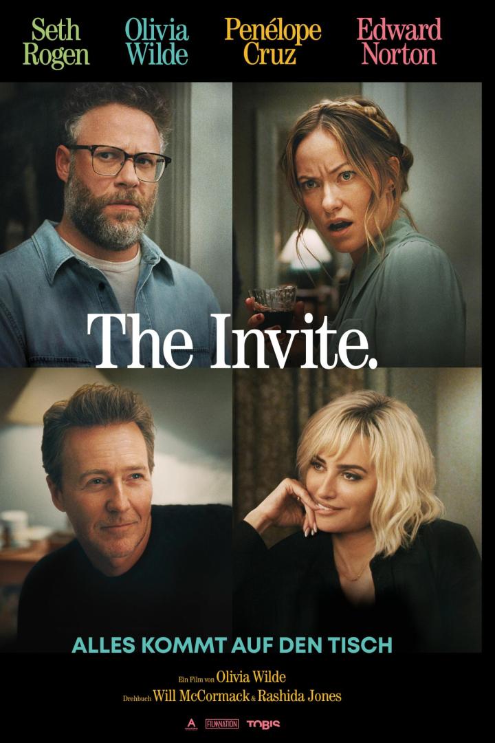 Filmplakat zu „The Invite“ mit vier Schauspielern, die gespannte Gesichter zeigen, und dem Slogan „Alles kommt auf den Tisch“.