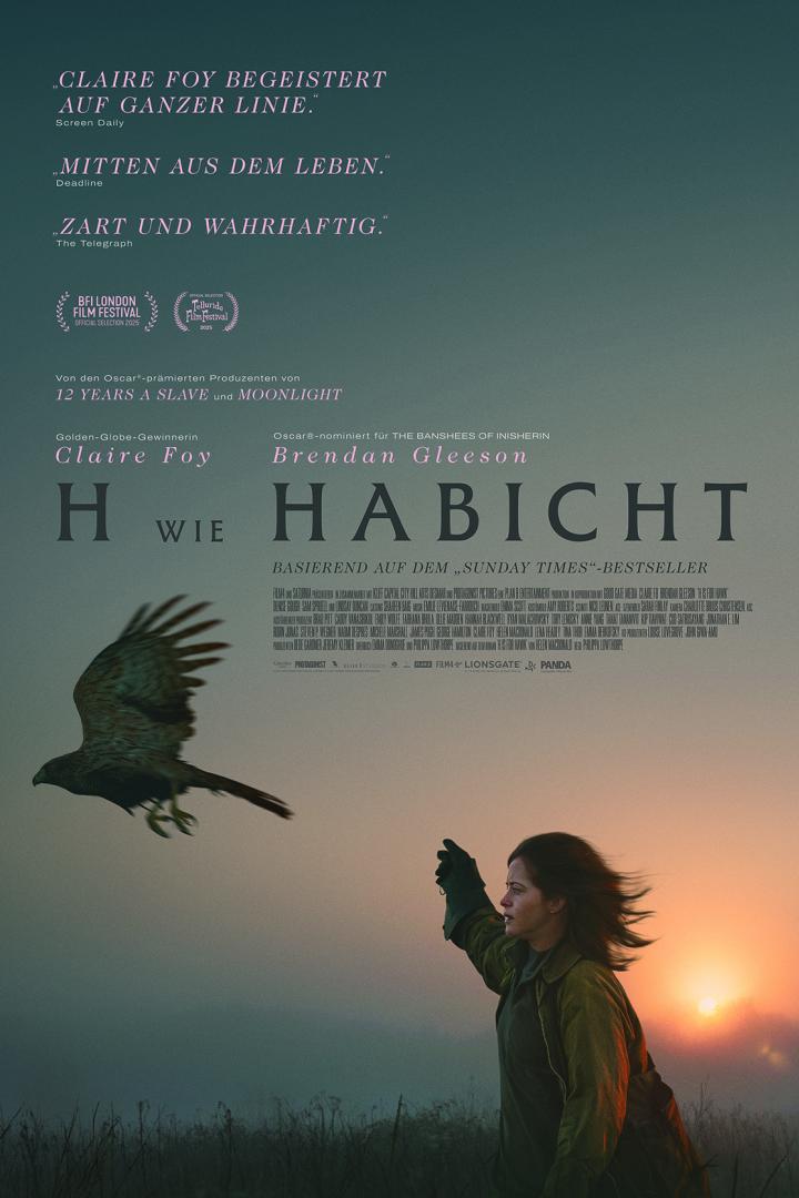 Filmplakat mit Frau, fliegendem Habicht und Titel „H wie Habicht“ vor Sonnenuntergang.