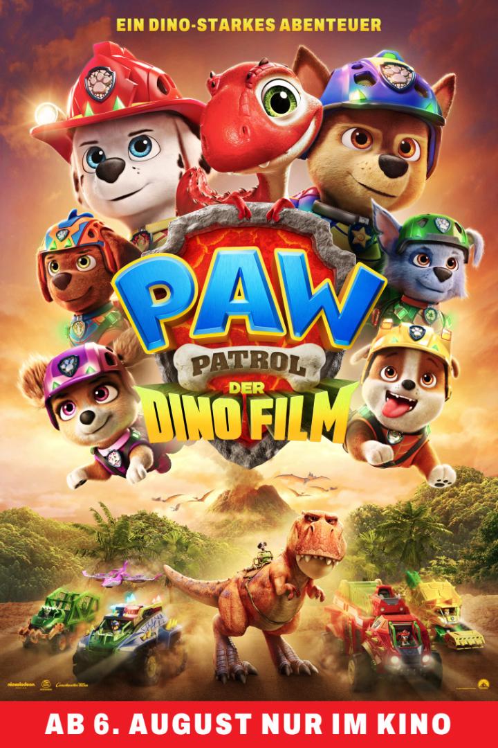 Das Filmplakat von Paw Patrol: Der Dino Film zeigt die Welpen und einen Dinosaurier vor einer Vulkanlandschaft.